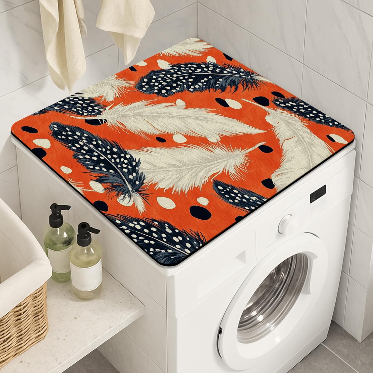 Feather Washer Dryer Top Protector Mat, Bohemian Modern Abstract Laundry Machine Dust Covers, Stylish Rubber Anti-slip Waterproof Washer And Dryer Mats for Laundry Room 24x24 Inch
