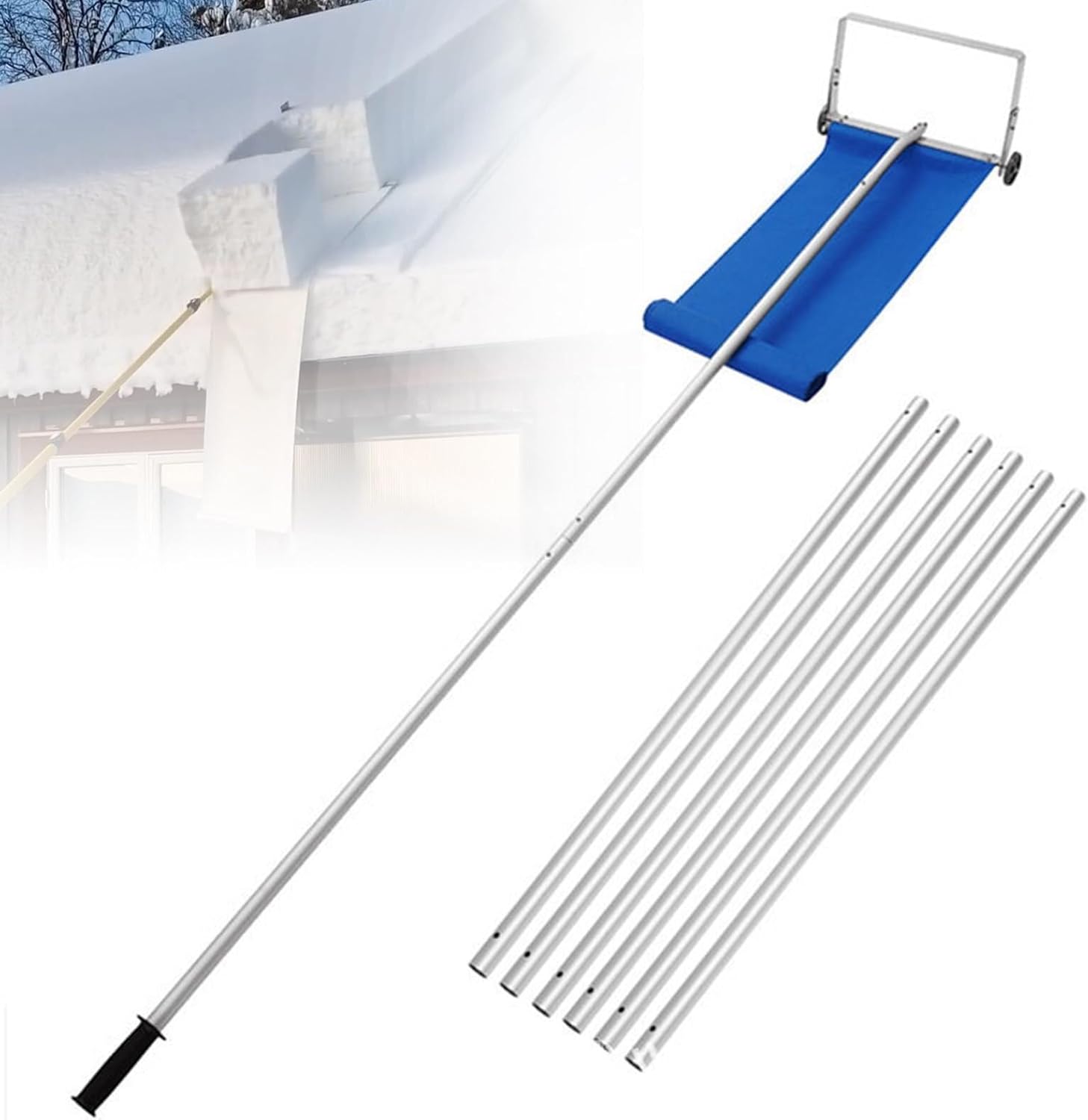 Aluminum Snow Rake with Wheels, 5 Extension Tubes & Anti-Skid Handle, Easy and Quick Snow Removal from Roof, Anti-Slip Handle, Lightweight, Safe and Labor-Saving