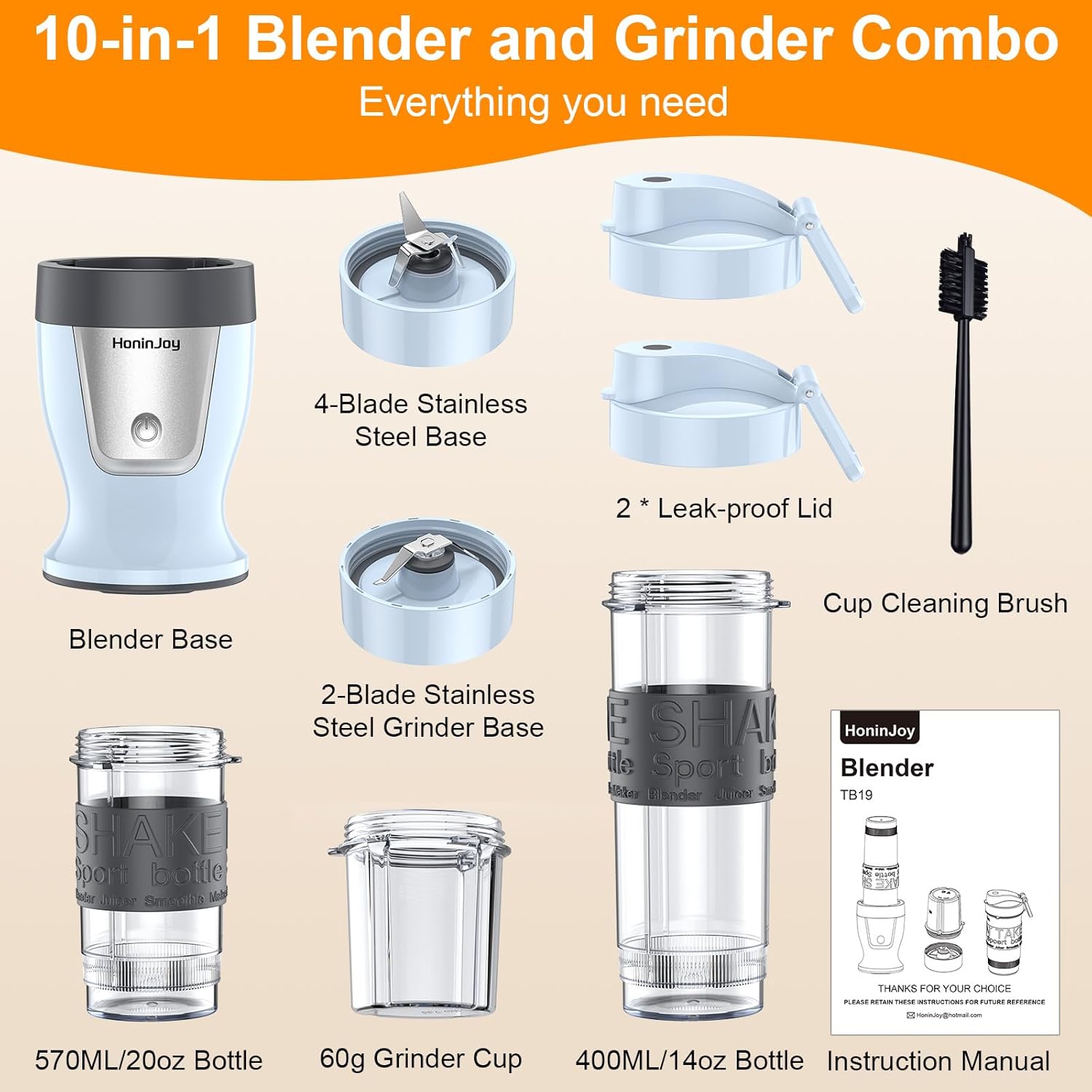 10 In 1 Personal Blender And Grinder Combofor Kitchen, Smoothie Juicer Machines Vegetable And Fruit, For Shakes And Smoothies, Smoothies Maker With 2 Portable Cup, Blue