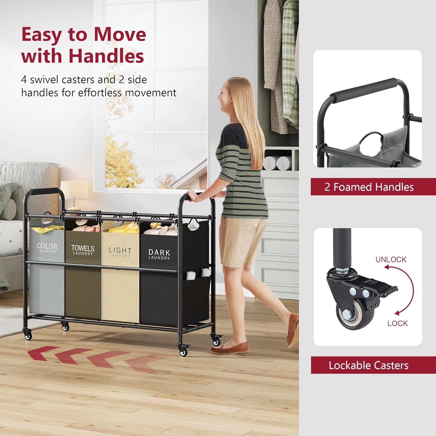 Tajsoon 4 Bag Laundry Sorter Cart, 4 Section Laundry Hamper Sorter with Heavy Duty Lockable Rolling Wheels, Laundry Separator Hamper with Removable Bags for Dirty Clothes Storage, 4 Colors