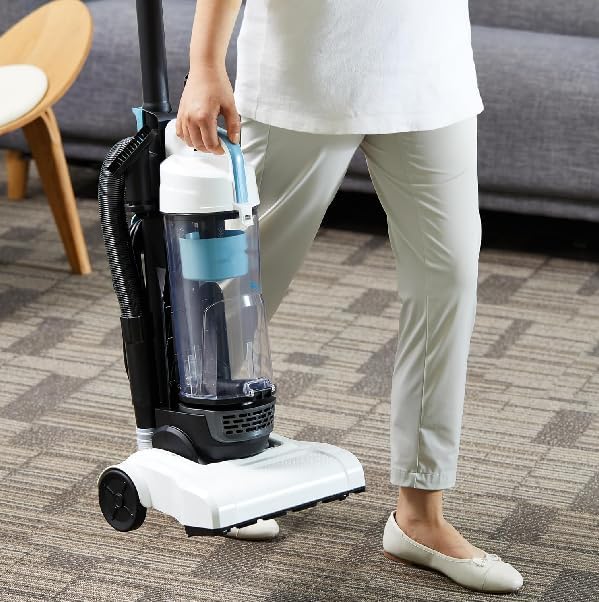 Lightweight Upright Bagless Vacuum Cleaner for Carpet & Hard Floors, 720W Powerful Suction, 1.7L Large Dust Cup, 25ft Cord, Detachable Handle with Crevice & Upholstery Tools – Black/White (8.4 lbs)