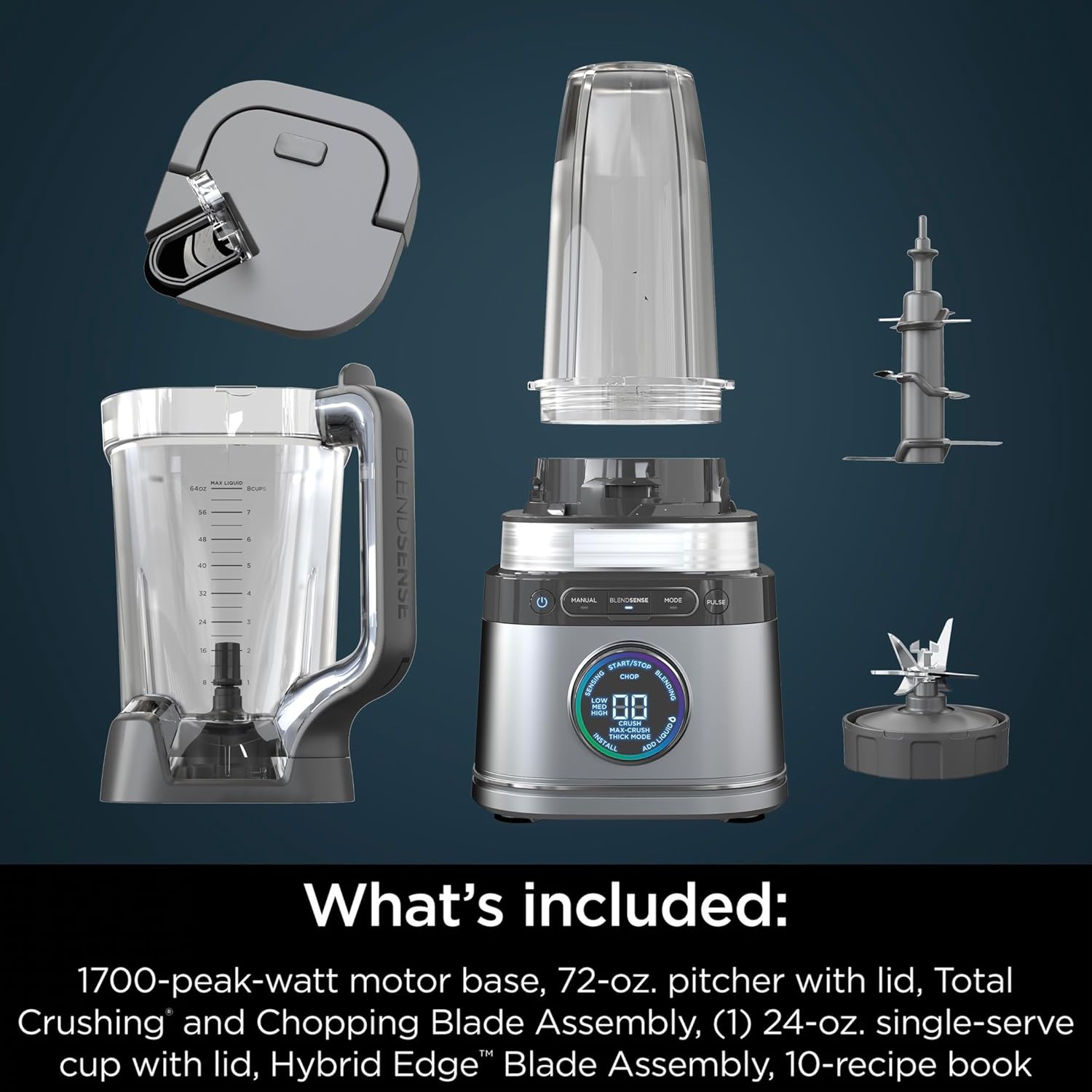 Ninja Detect Power Blender + Personal Single-Serve (TB 300), BlendSense Technology, Kitchen Countertop, 72 oz. full-size pitcher, 24 oz. single-serve cup, Liquid Detect, Silver