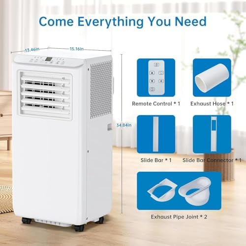 PioneerWorks 8000 BTU Portable Air Conditioner for Rooms up to 350 Sq.Ft, Portable AC Unit with Remote, 24H Timer & Quiet Operation, for Bedroom, Office, Dorm - Grey