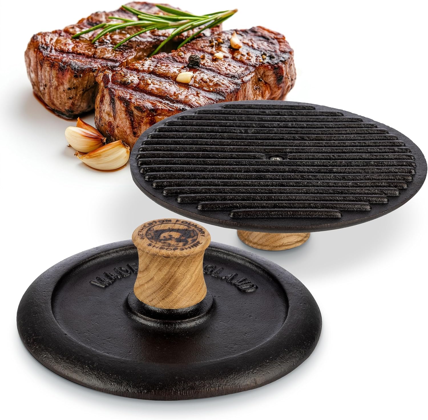 Grill Press and Steak Weight - 7.25” Round Heavy-Duty Cast Iron Burger Press with Wood Handle - Pre-Seasoned Griddle Accessories for Steaks, Burgers, and Bacon - Kitchen Gadgets by Classic Cuisine