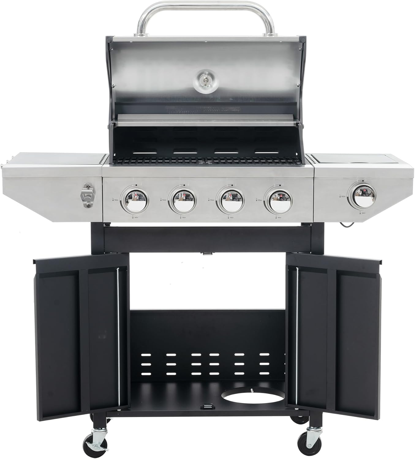 Propane Gas Grill, 4 Burners BBQ Grill with Side Burner & Thermometer, Freestanding Stainless Steel Grill Cart with Wheels for Outdoor Garden Cooking Barbecue, 42000 BTU