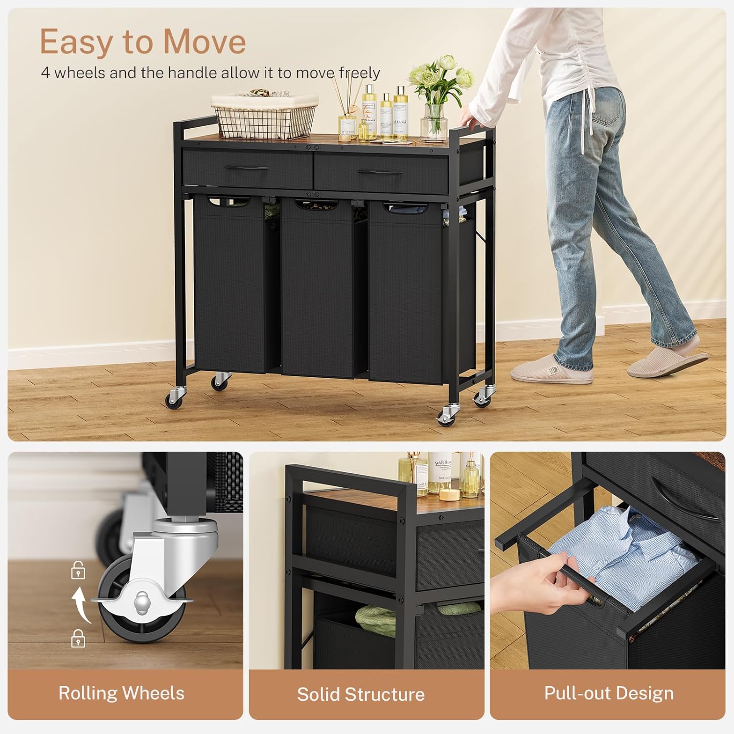 Laundry Sorter 3 Section, 120 L Laundry Hamper with 2 Drawers & 2-tone Top Panel, Rolling Laundry Basket Organizer with Pull-Out Removable Oxford Fabric Bags for Laundry Room Organization