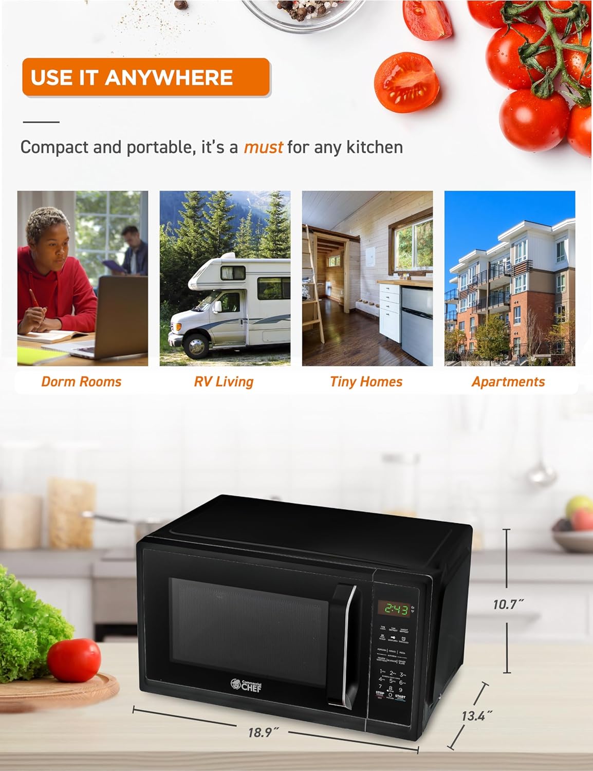 COMMERCIAL CHEF 0.9 Cubic Foot Microwave with 10 Power Levels, Small Microwave with Grip Handle, 900W Countertop Microwave with Digital Display, Door Lock and Kitchen Timer, Black