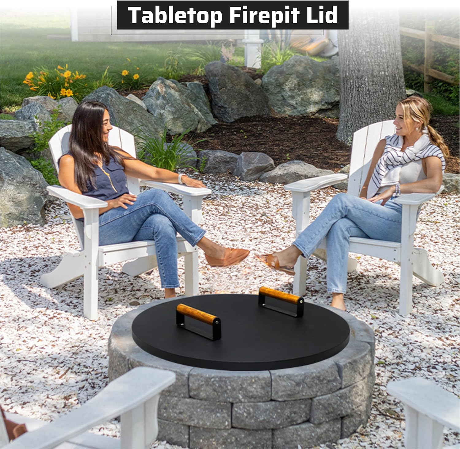 22” Round Fire Pit Lid – Heat Resistant fire pit cover round metal for Outdoor Fireplace 16 Gauge Steel Flat Fire Pit Burner Pan Cover with 2 Wooden Handles Snuffer Lid for Round Patio Fire Pit Ring