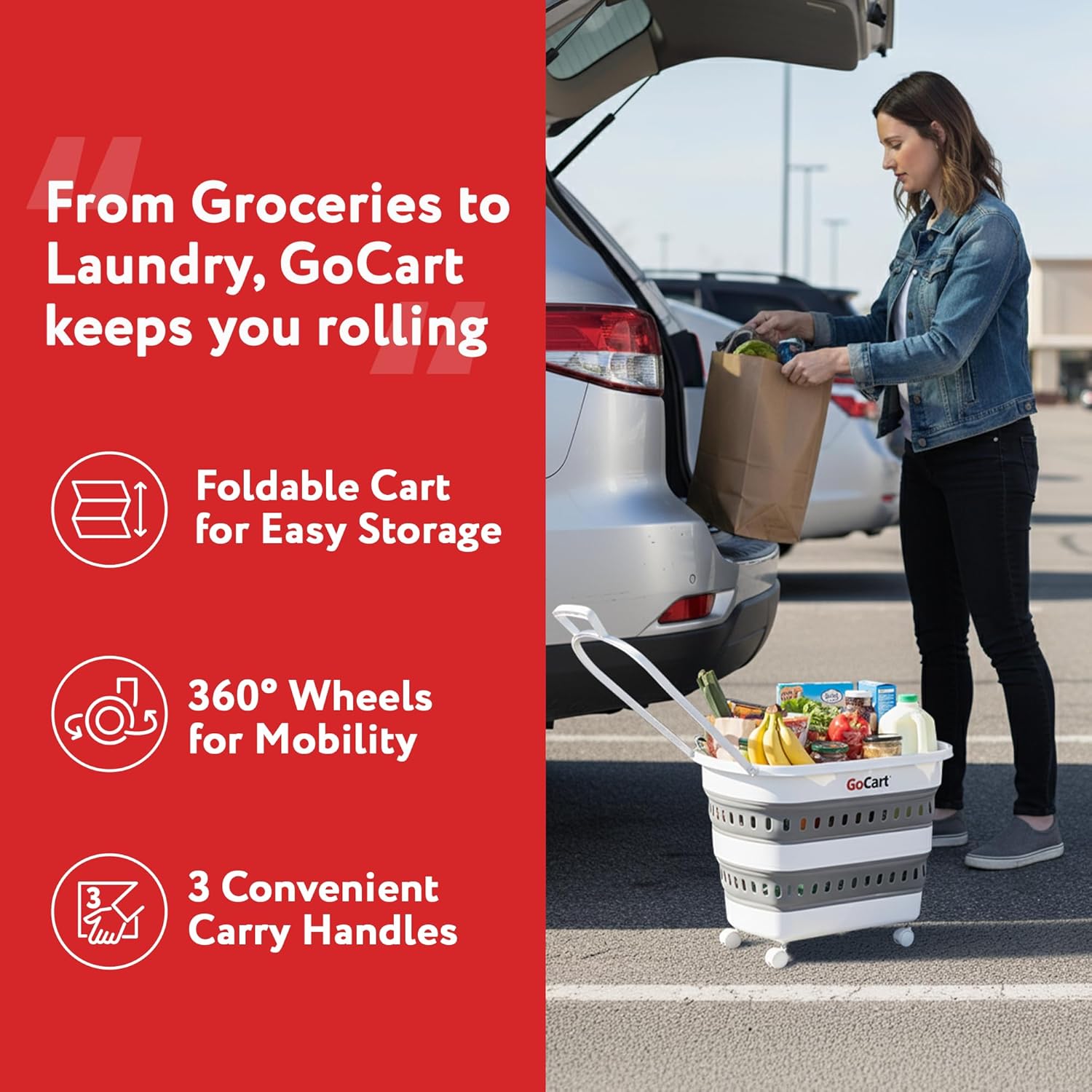 dbest Products Folding Gocart Laundry Basket with Wheels, Multi Use Collapsible Grocery Shopping Cart, White