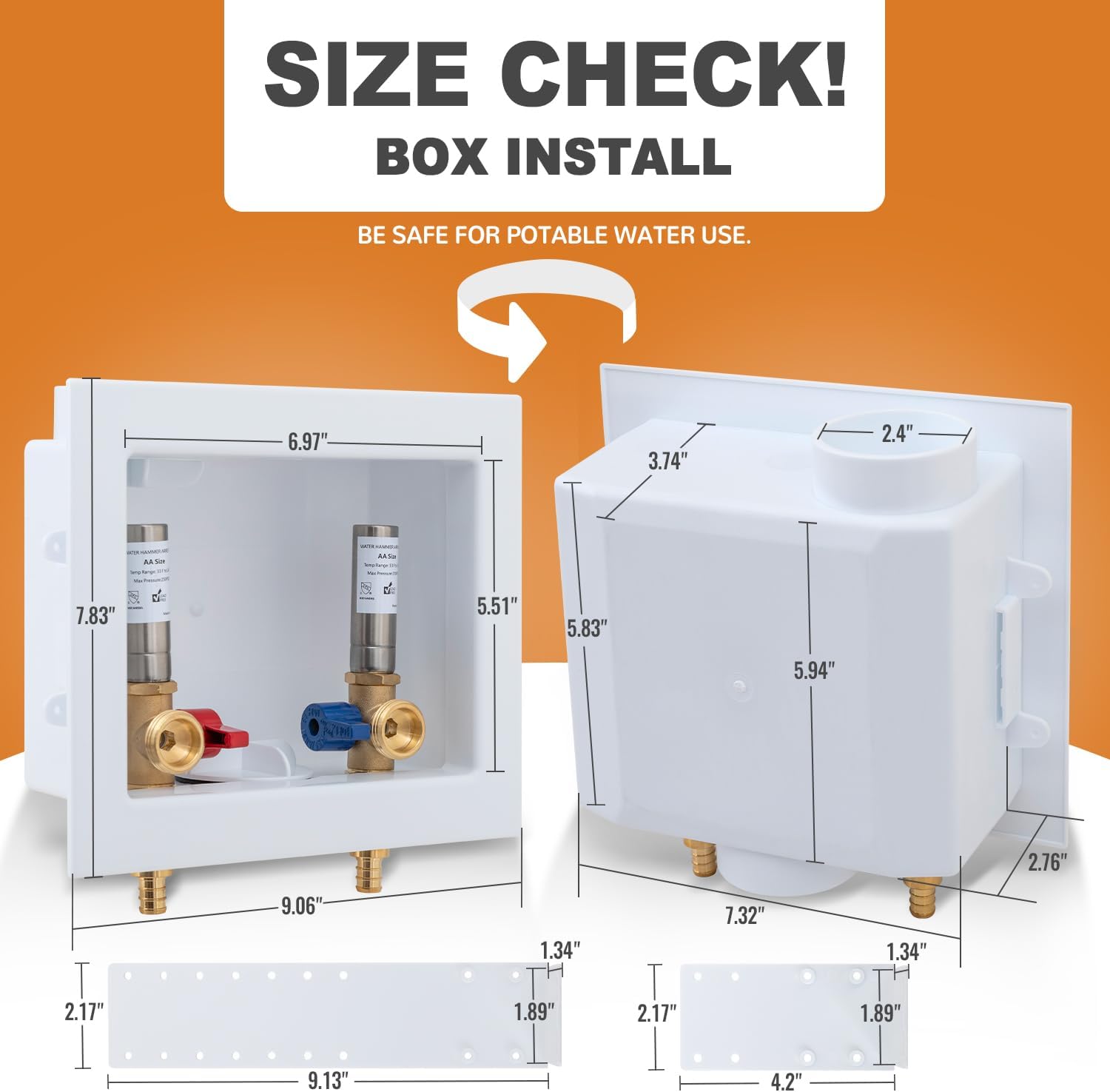 SUNGATOR Washing Machine Laundry Outlet Box, Washer Water Valve Wall Box with Center Drain, 1/2 Inch Pex Crimp Inlet x 3/4 Inch MHT Outlet, with Stainless Steel Water Hammer Arrestor and 4 Crimp Rings