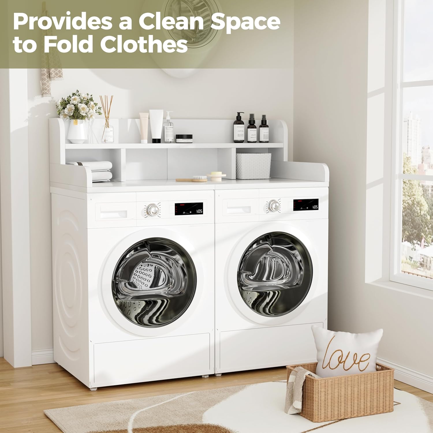 Washer Dryer Countertop, 2-Tier Laundry Countertop Over Washer and Dryer with Edge Rails & Non-Slip Pads, 54