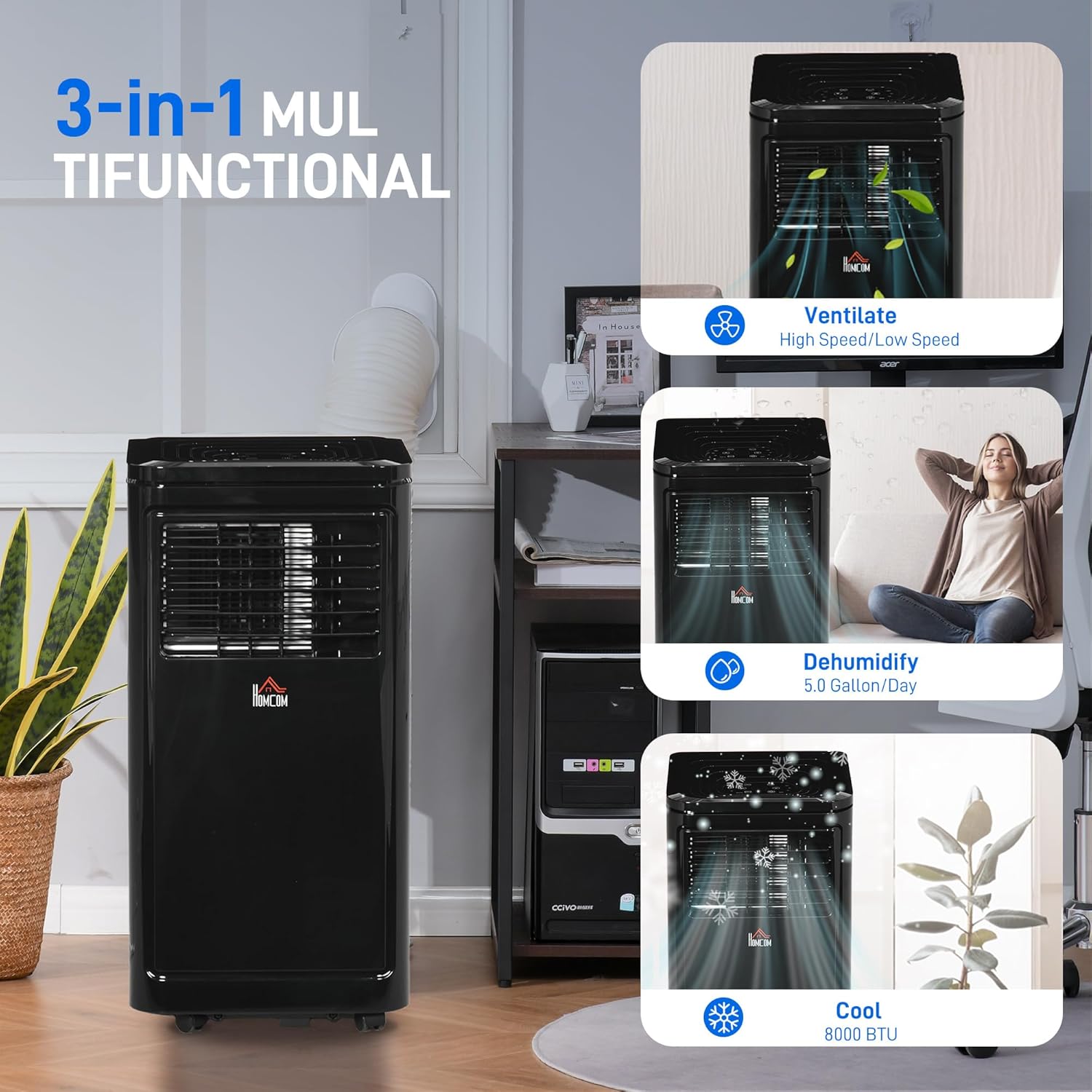 HOMCOM 8000 BTU Portable Air Conditioner, for Rooms Up to 344 Sq. Ft., 3-in-1 Portable AC Unit with Dehumidifier, Cooling Fan, Sleep, 24H Timer On/off, Remote, Window Installation Kits, Deep Black