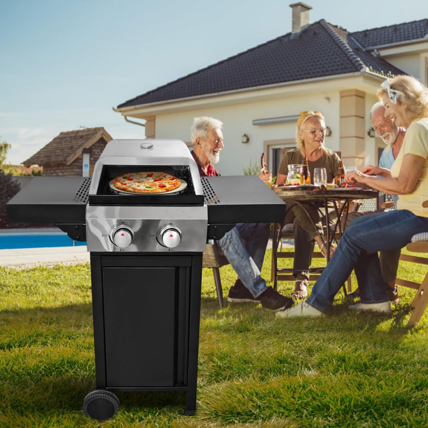 2 Burner Outdoor Barbecue Stainless Steel Propane Gas Grill and Pizza Oven for Outdoor Cooking While Camping or Tailgating.