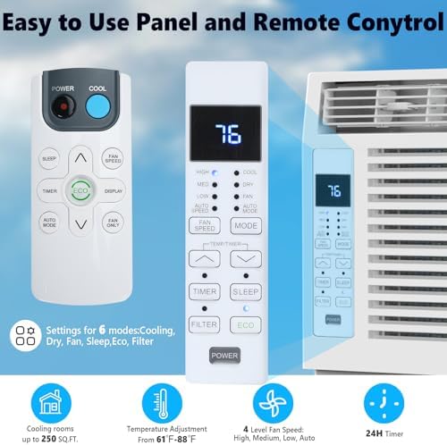 Window Air Conditioner 6,000 BTU, Window Type AC Unit with Cooling, Dry Mode, 4 Fan Speeds, 24-H Timer, Sleep Mode, Cooling for 250sq.ft Bedroom, Living Room, Office