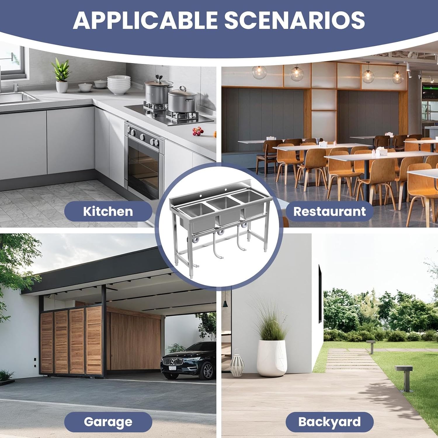 51'' Triple Bowl Stainless Steel Sink, Free-Standing Kitchen Appliances Sink with Hose Hook Up, Commercial Slop Sinks for Farmhouse, Outdoor, Laundry Room & Garage (Triple Bowl)