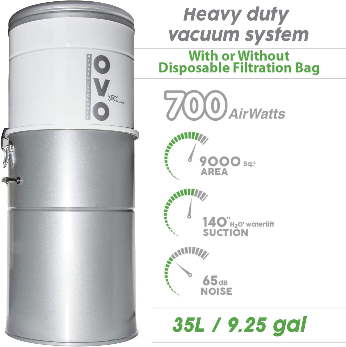 OVO Heavy Duty Powerful Central Vacuum System, Hybrid Filtration (with or Without Disposable Bags) 35L or 9.25Gal, 700 Airwatts with 40ft Deluxe Plus Accessory kit Included
