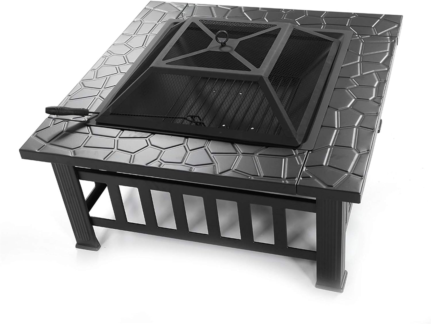 Portable Square Fire Pit with Mesh Lid & Poker - 32 Inch Outdoor Fire Pit for Patio, Garden, Courtyard - Heavy Duty Metal Fire Bowl with Accessories, Black