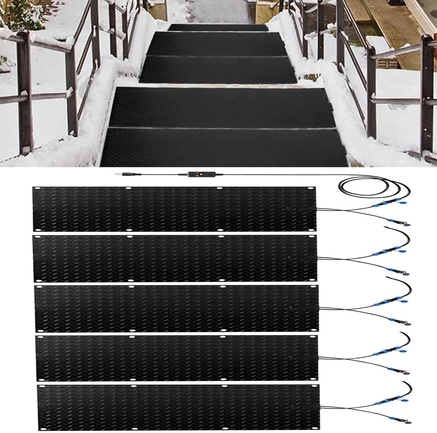 Snow Melting Walkway Mat, 1/2/3/4/5 pcs Non Slip Rubber Heated Mat with Power Cord, Winter Snow and Ice Melting Mat for Outdoor Stairs,Steps,Doorways,Walkways,Drive(5 Pcs-10x30in/(25.4x76.2cm))
