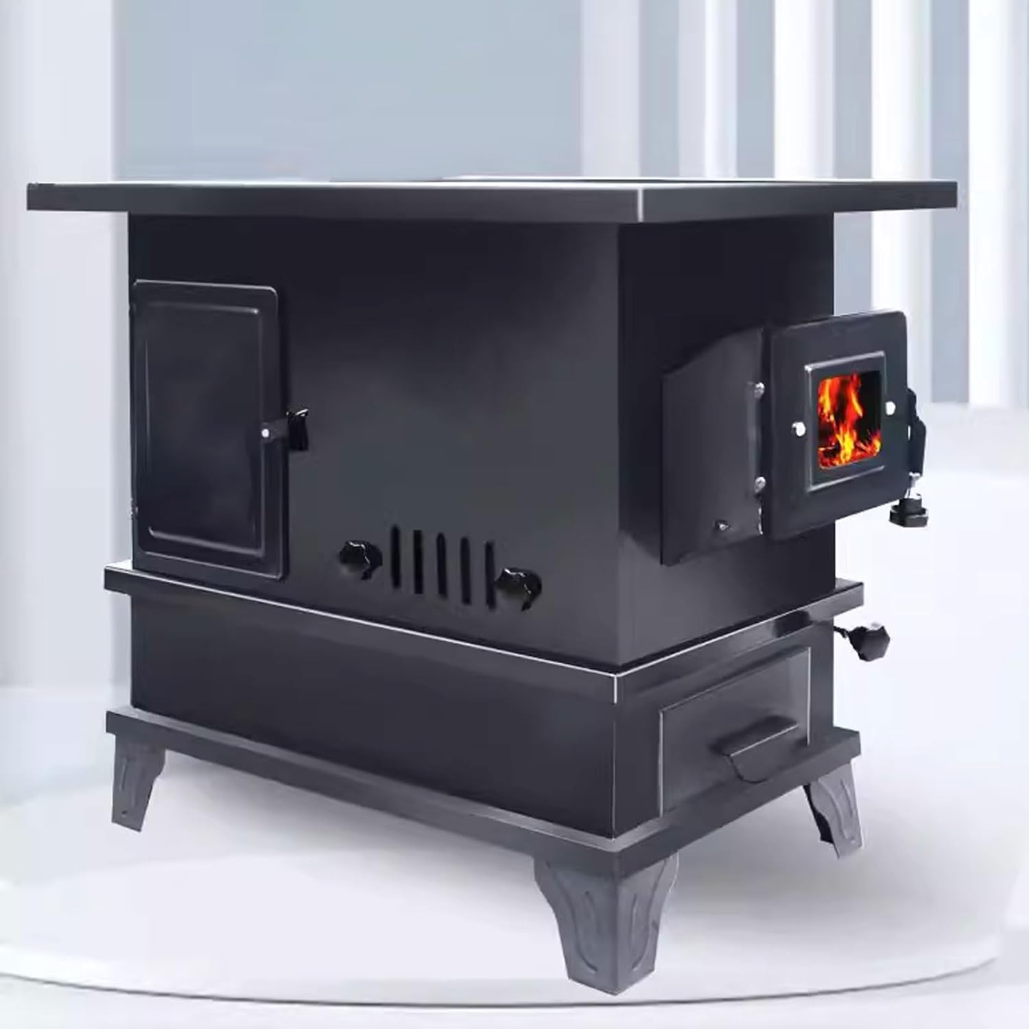 Indoor Wood Stove Camping Cookware Cast Iron and Steel Plate Construction with Viewing Window Multi-purpose Stove Side Oven Design for Multiple Fuels