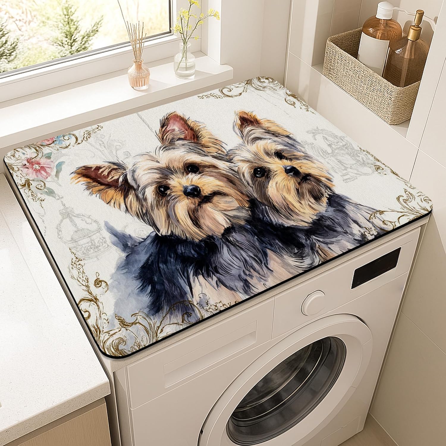 Yorkshire Terrier Washer Dryer Top Protector Mat, Vintage Watercolor Dog Design Washing Machine Dust Covers, Elegant Rubber Anti-slip Waterproof Mats for Laundry Room 20x24 Inch