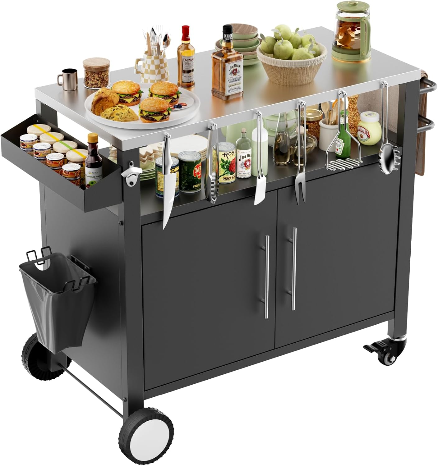 Outdoor Grill Cart with Patio Furniture, Outdoor Grill Table with Storage,Rolling Bar Cart Outdoor BBQ Cart with Hooks and Spice Rack for Grilling Accessories(Double Door, Black)