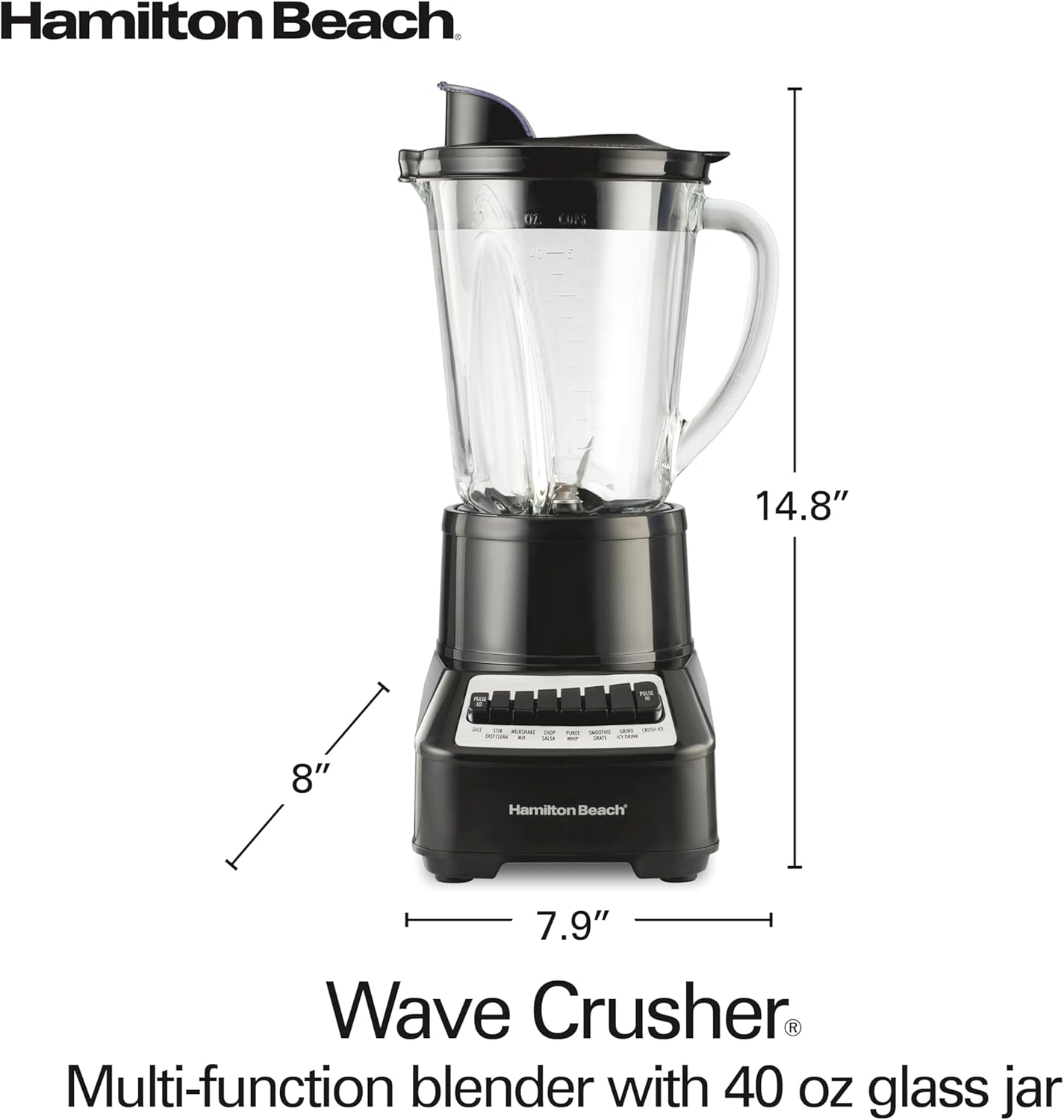 Hamilton Beach Wave Crusher Blender for Smoothies With 40 Oz Glass Jar and 14 Functions, Ice Sabre Blades & 700 Watts for Consistently Smooth Results, Black & Stainless Steel (54220)