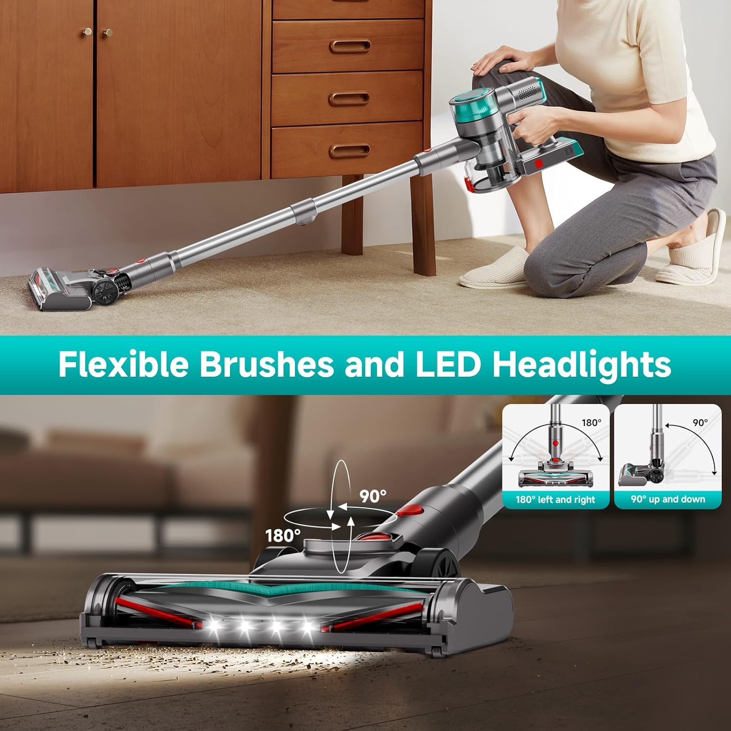 Cordless Vacuum Cleaner, Powerful Stick Vacuum Cleaner for Home with Rechargeable Battery, 6-in-1 Lightweight Handheld Vacuum, 45 Mins Runtime for Hardfloor & Carpets Pet Hair (Green)