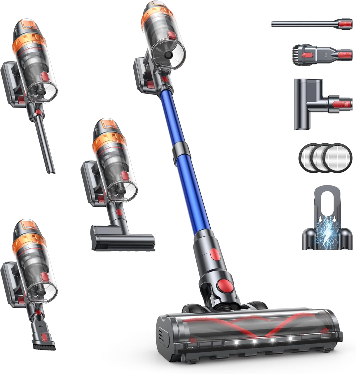 Cordless Vacuum Cleaner, 600W with Extra Mattress Cleaning Tool, 45KPA Stick Vacuum Cleaners for Home 60 Mins Runtime, Self-Standing, Wall Mount Charging, Rechargeable Vacuum for Floor Carpet Pet Hair