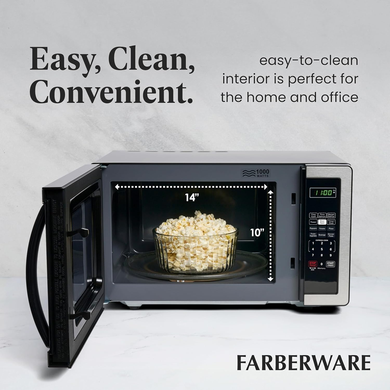 Farberware 1.1 Cu. Ft. Countertop Microwave Oven – 1000 Watts Power, Auto Cook Settings, Defrost, Easy Clean and Child Safety Lock - Stainless