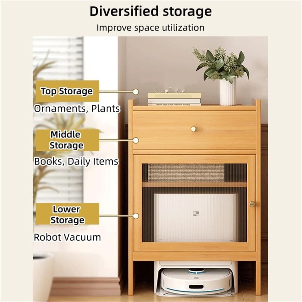 Robot Vacuum Cabinet with Removable Shelf, Modern Stand Cabinet with Drawer for Robot Vacuum Cleaner, Multi-Functional Nightstand for TV Side, Sofa(Natural)