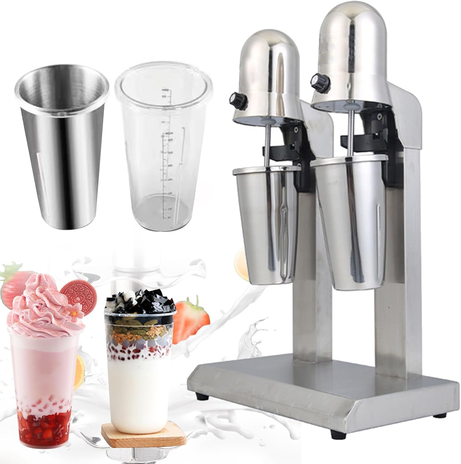 Commercial Milkshake Maker with 4 x 800ml Cups, 180+180W Motor Stainless Steel Drink Mixer Blender Intelligent Microswitch 2 Speed 18000r/min Milkshake Mixer