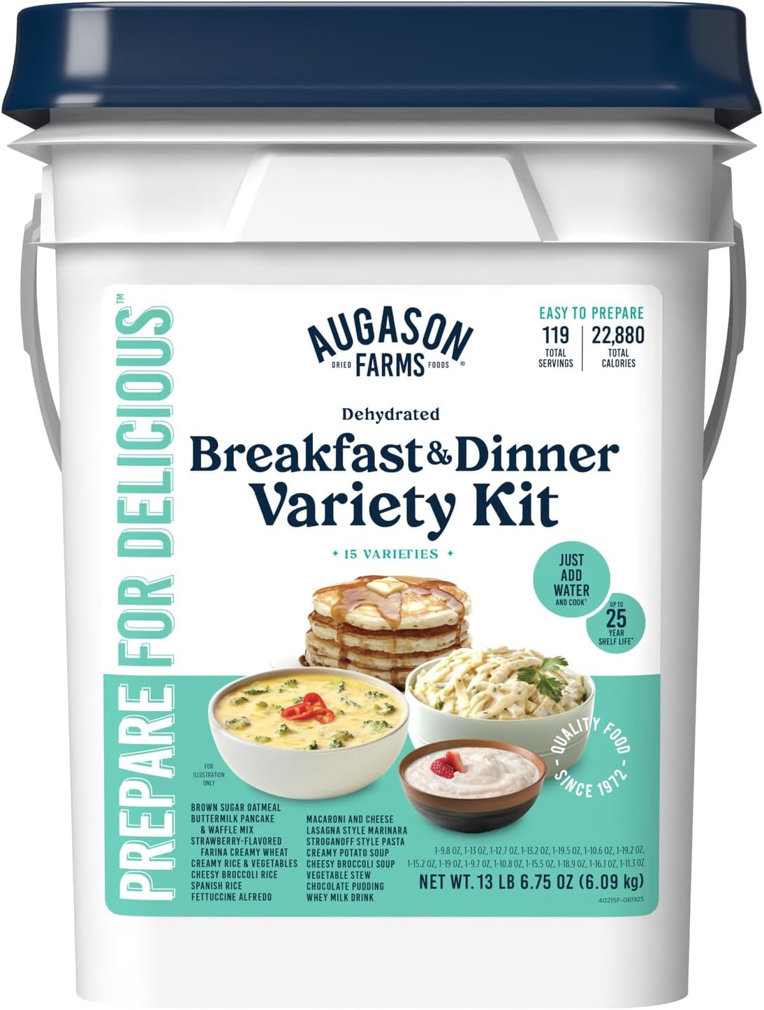 Augason Farms Breakfast and Dinner Variety Kit, Emergency Food Supply Dehydrated Meal Survival Bucket - 119 Servings