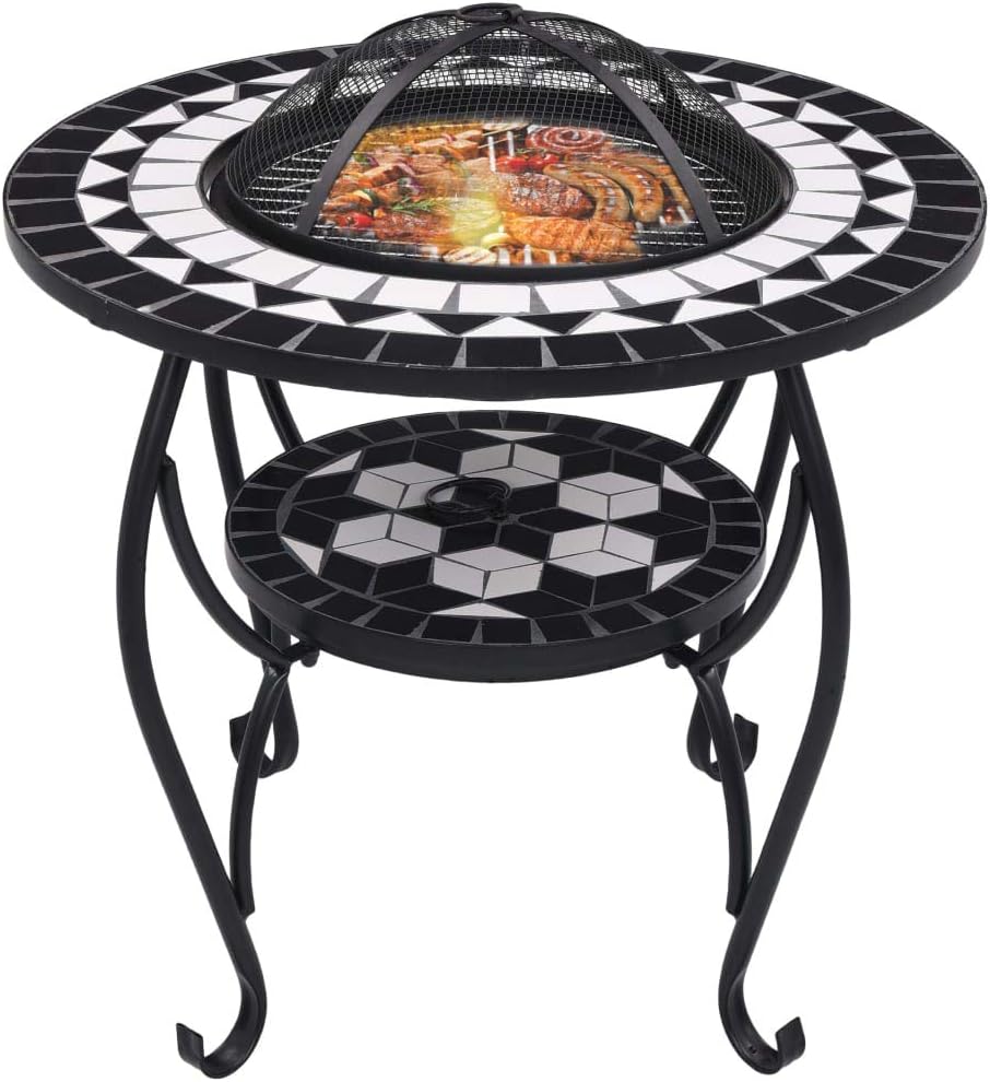 Multifunctional Fire Pit Table, Patio Decorative Table, Round Table for Camping, Outdoor Heating, Campfire and Picnic,Mosaic Fire Pit Table Black and White 26.8