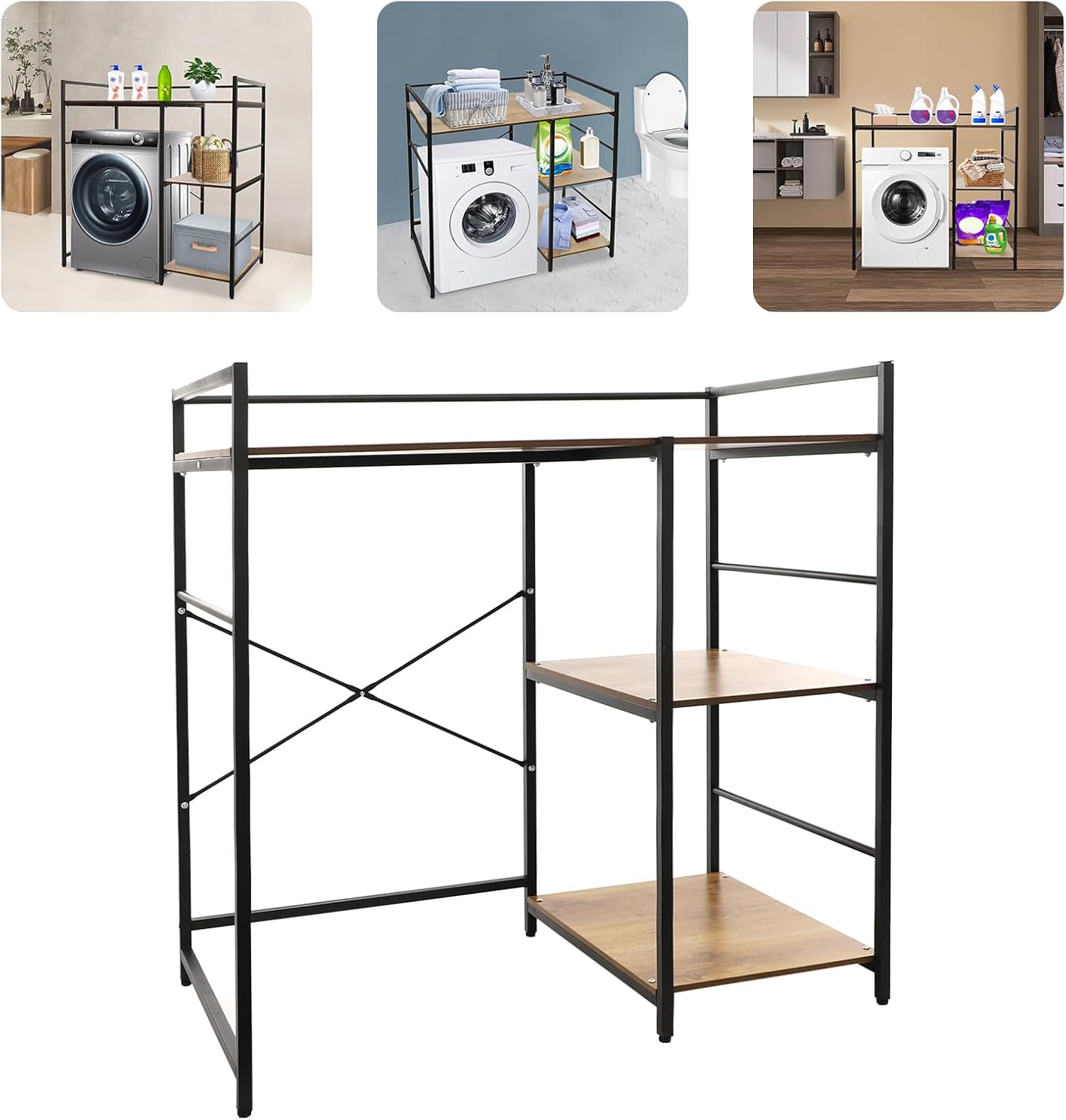 Washer and Dryer Shelves, 3 Tiers Laundry Room Storage and Organizer Standing Shelf, Modern Freestanding Space Saving Storage Utility Rack