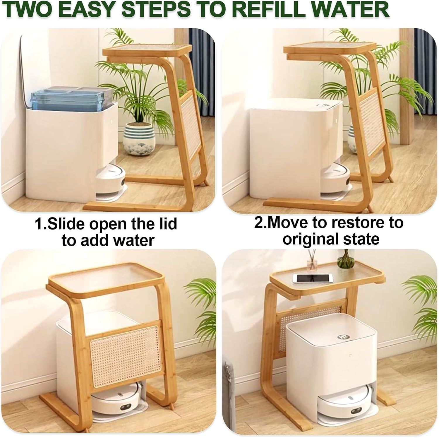 Robot Vacuum Storage Rack Resin Rattan Storage Cabinet C-Shaped End Tables Bamboo Robot Vacuum Stand Cabinet for Living Room, Bedroom, Kitchen, Office, Home, Balcony, Apartment Garage