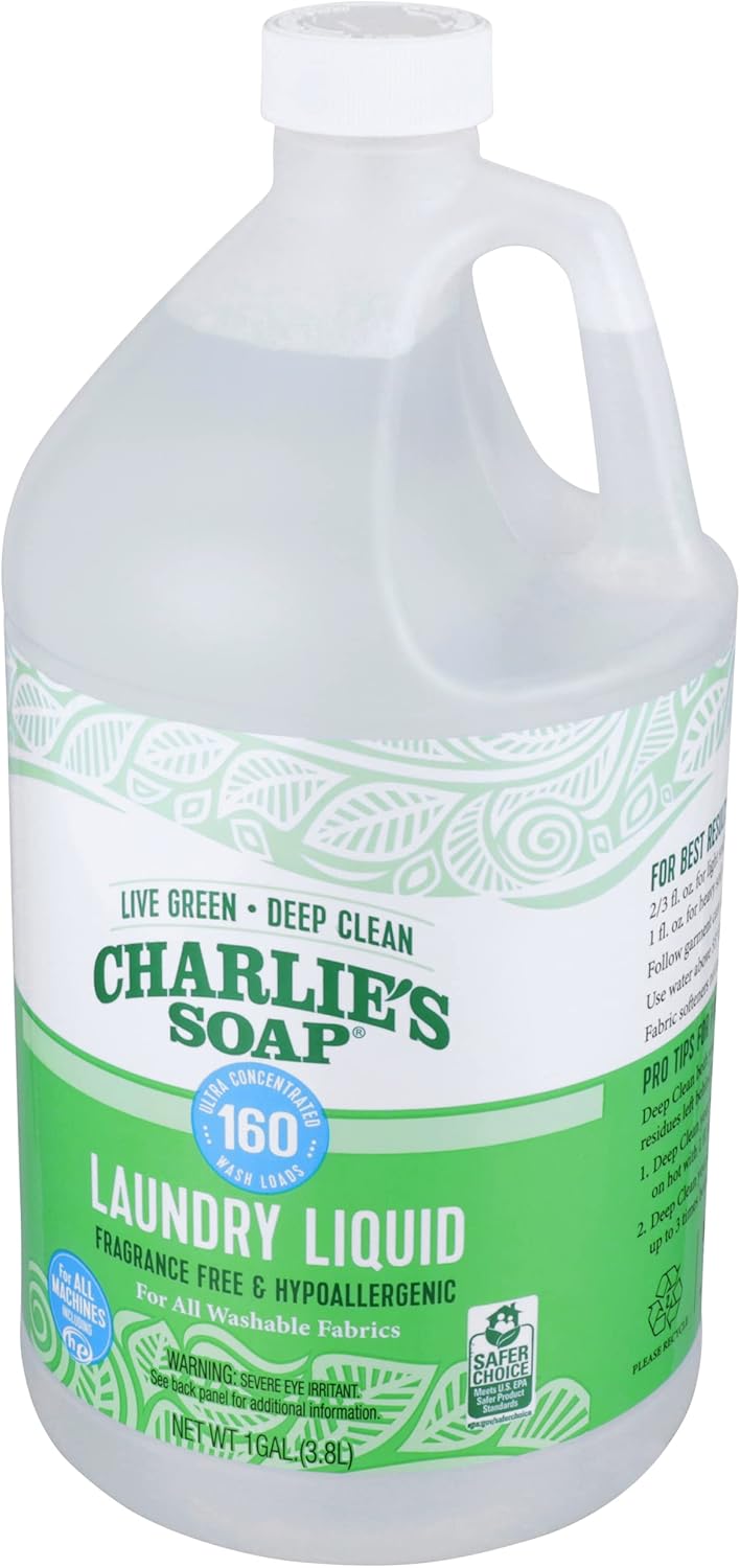 Charlie’s Soap Laundry Liquid with Pump (160 Loads, 1 Pack) Natural Deep Cleaning Hypoallergenic Laundry Detergent – Eco-Friendly, Safe and Effective