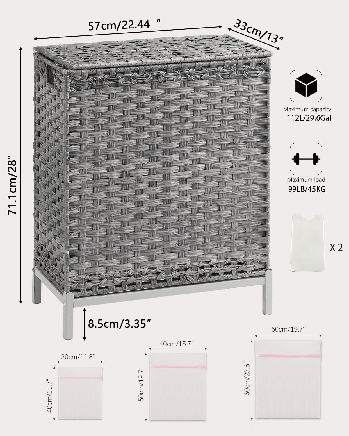 Laundry Hamper with Lid, 112 L Handwoven Rattan Wicker Laundry Basket, 2 Removable Liner Bags Metal Heightened Feet, 6 Mesh Bags, 2 Section Large Clothes Hamper for Bathroom Bedroom, Gray