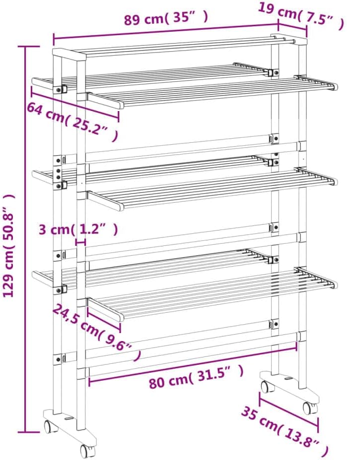 vidaXL Aluminum Laundry Drying Rack with Wheels - 3-Tier Tower Dryer, Foldable Stand Design, 118.1' Hanging Length, Ideal for Indoor Drying & Space-Saving