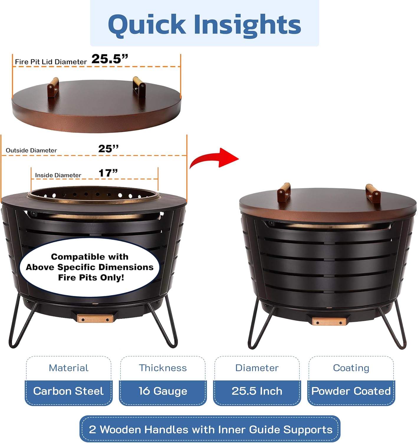 25.5” Round Fire Pit Lid – Bronze Coated fire pit cover round metal for Outdoor Fireplace 16 Gauge Steel Flat Fire Pit Burner Pan Cover with Wooden Handle Snuffer Lid for Round Patio Fire Pit