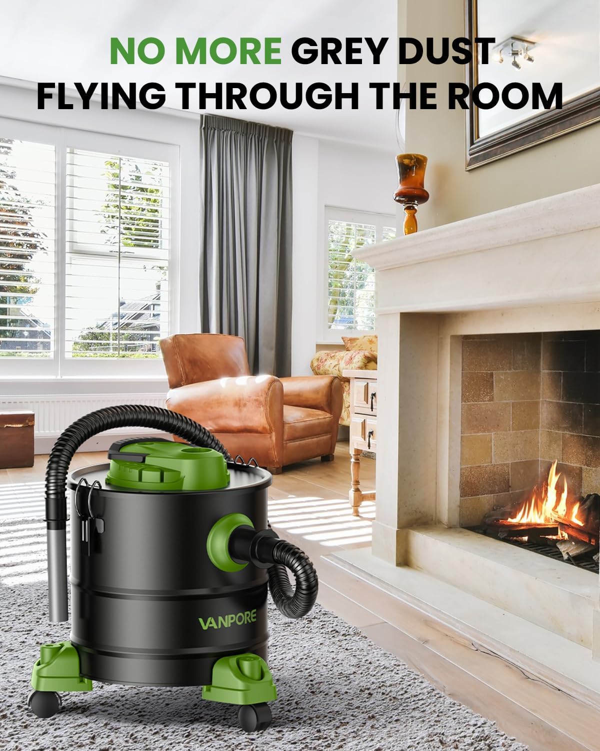 Ash Vacuum Cleaner 5.2 Gallon with 1200w Suction Power&Wheeled Base, Ash Vacuum for Pellet Stoves, Fireplaces, Grill, Wood Stove, Fire Pits,Green
