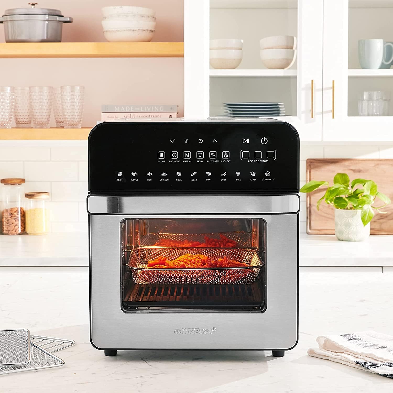 GoWISE USA 14.7-Quart Air Fryer Grill with Dual Heating Elements & Oven with Rotisserie, Dehydrator, Preheat and Broil Functions + 11 Accessories with 2 Recipe Books (Stainless Steel/Black), Ultimate