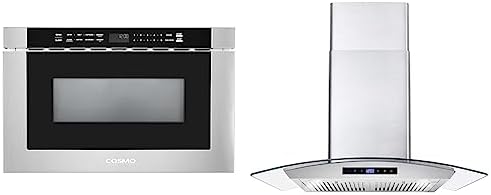 COSMO COS-12MWDSS-NH 24 in. Built-in Microwave Drawer with Automatic Presets, Touch Controls & 668WRCS75 Wall Mount Range Hood with Ducted Exhaust Vent, 3 Speed Fan