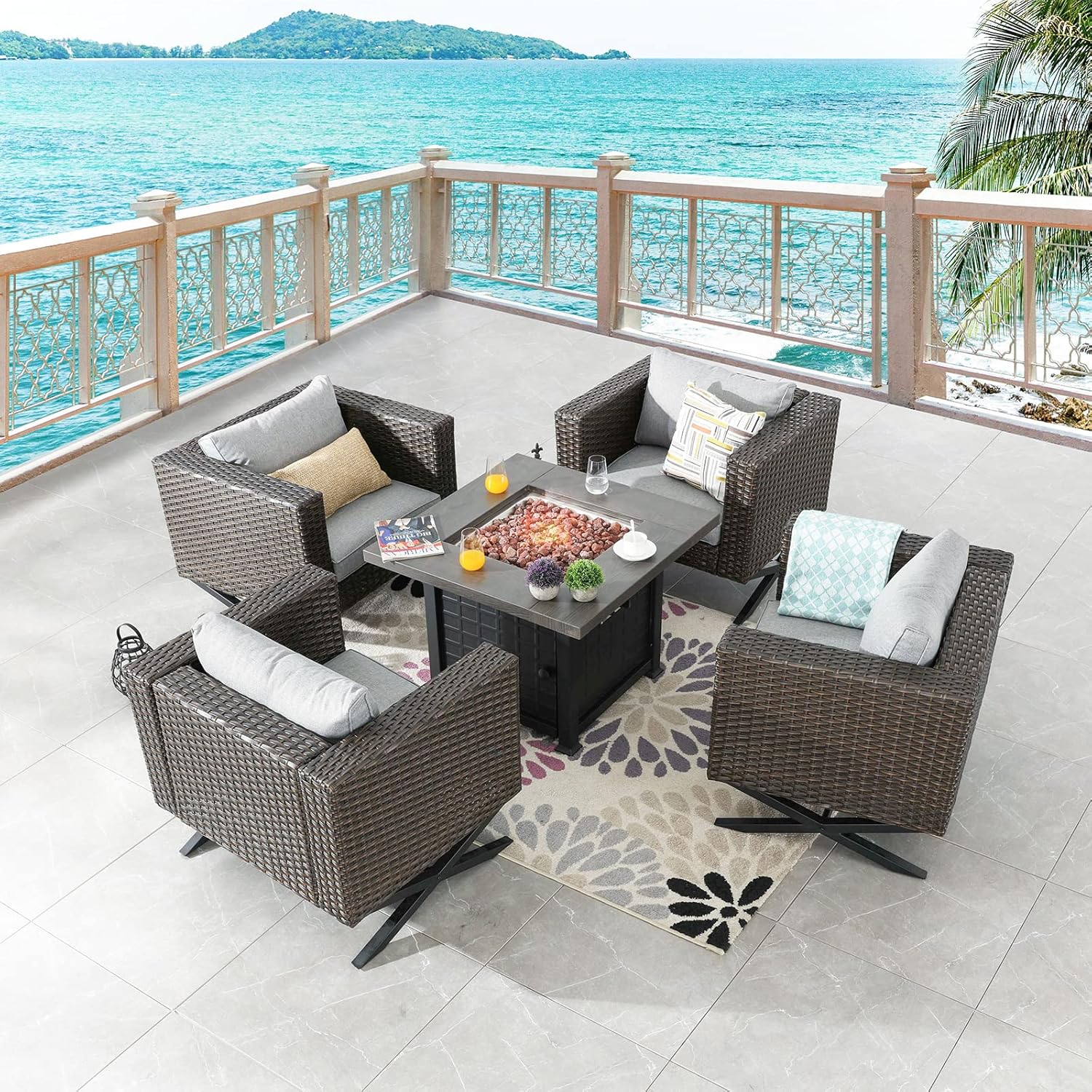 Sports Festival Fire Pit Table Set of Propane Fire Table and 4 Wicker Chairs with Thick Cushions for Patio Rattan Outdoor Furniture, CSA Certification