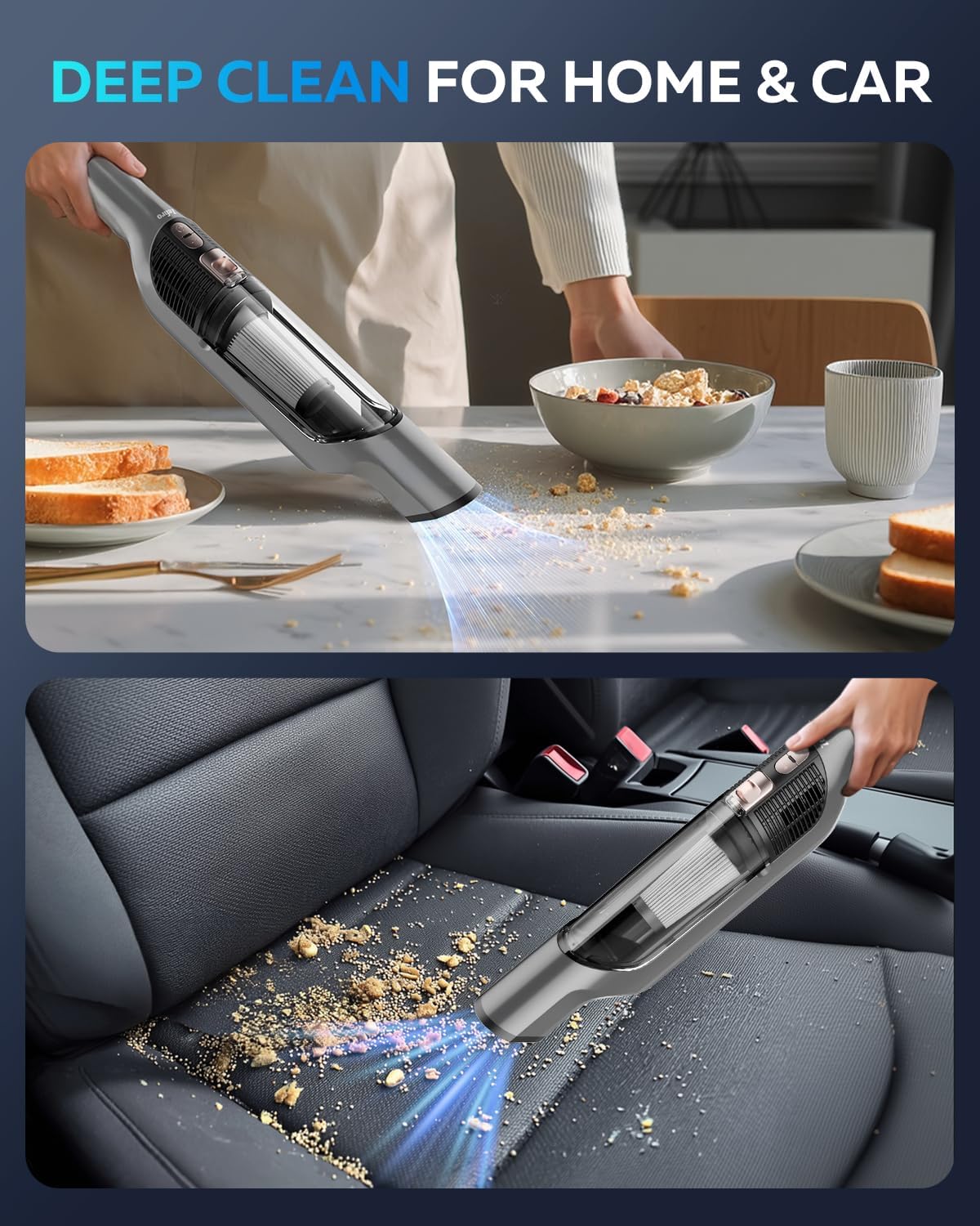 Zefiro Compact & Powerful Cordless Handheld Vacuum, Rechargeable Portable Car Vacuum for Car & Pet Hair, with XL Dust Cup, High-Suction, 2 Brushes & Filters, Long Runtime