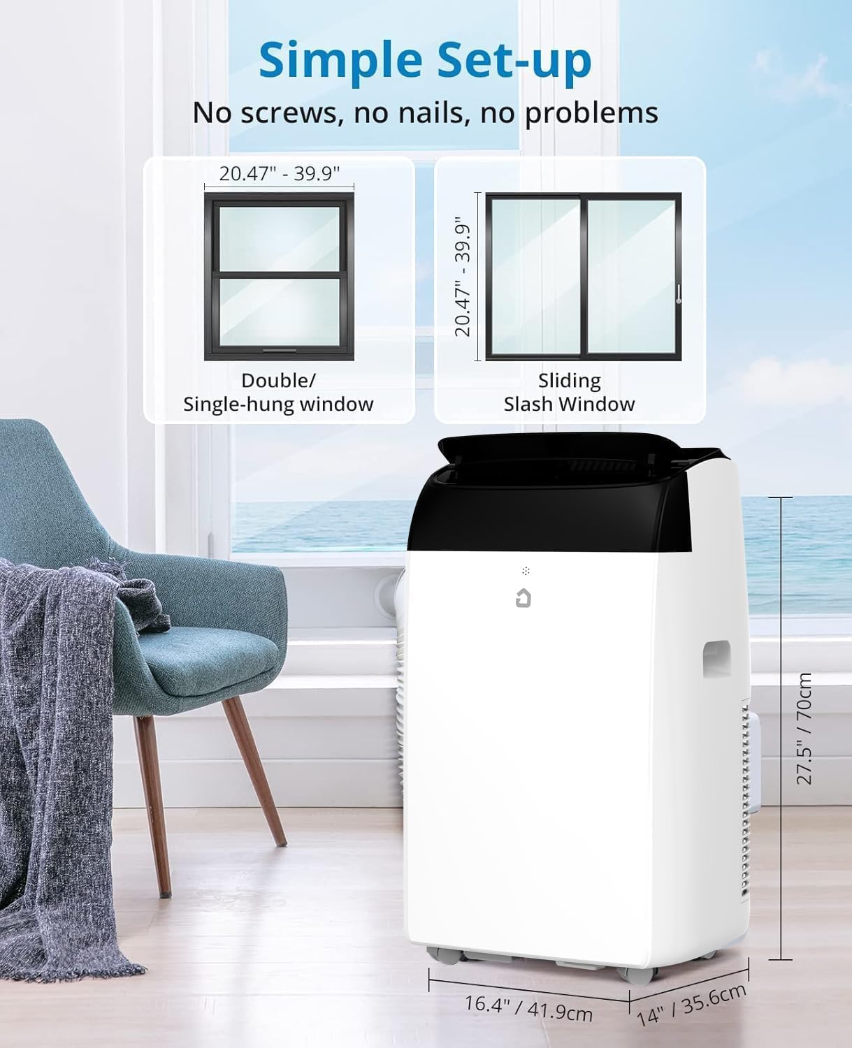 14,000 BTU Portable Air Conditioner – Ultra-Quiet 48dB Cooling for 750 Sq. Ft. | Smart 3-in-1 AC with Remote, 24Hour Timer, Dehumidifier & Fan Modes | Drainage-Free Design
