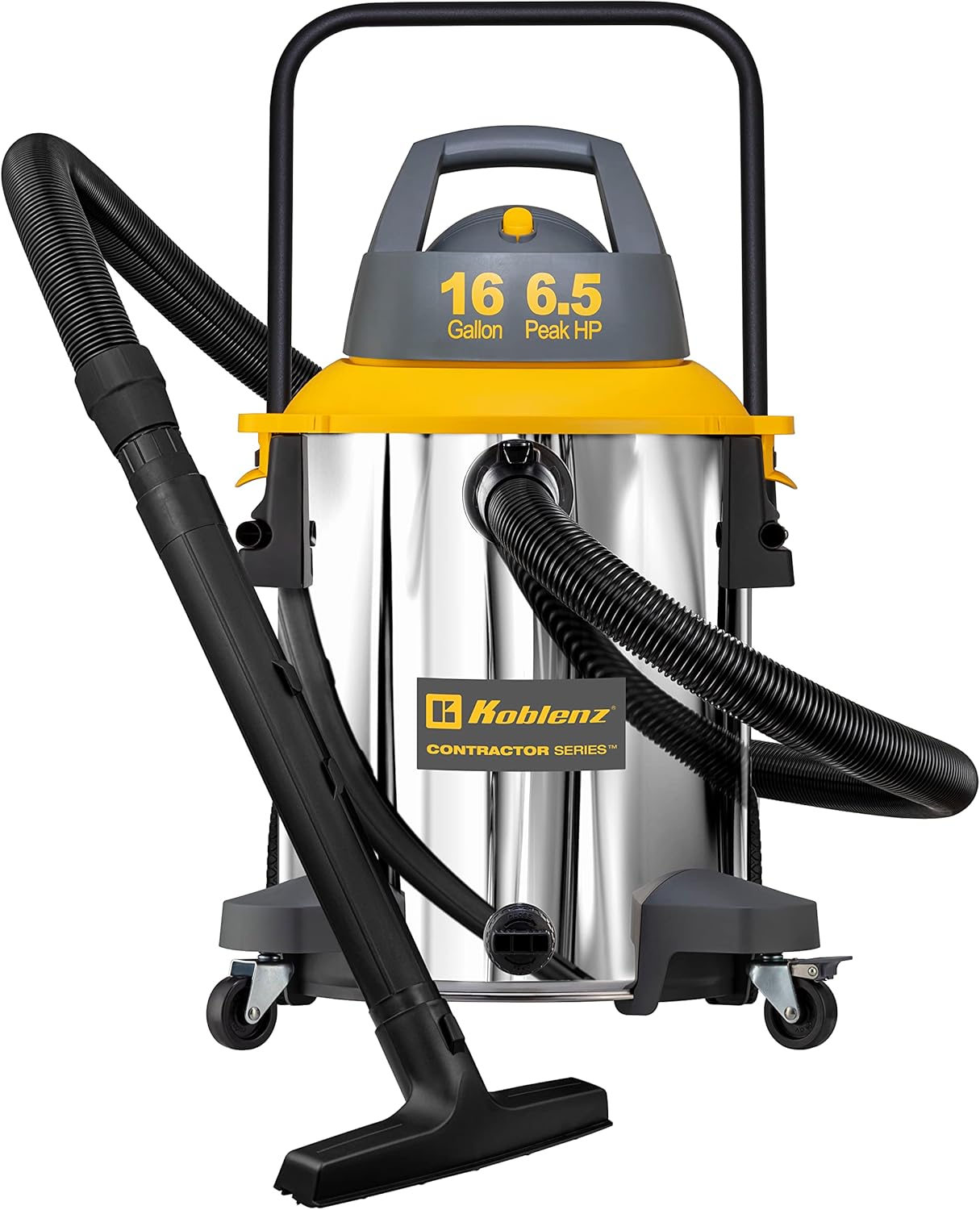 Koblenz Contractor Wet Dry Vacuum Cleaner, Stainless Steel Vacuum with Quiet Motor, 16 Gallon/6.5 HP Powerful Vacuum, Jobsite Vacuum with Pull Handle, Accessories Included, Gray+Yellow