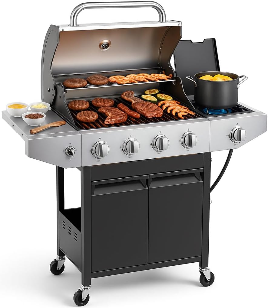 4-Burner Propane Gas BBQ Grill with Side Burner, 46,700 BTU Stainless Steel Outdoor Grill with Cast Iron Grates & Side Stove, Portable Outdoor Barbecue Grill on Casters for Patio, Backyard & Cooking