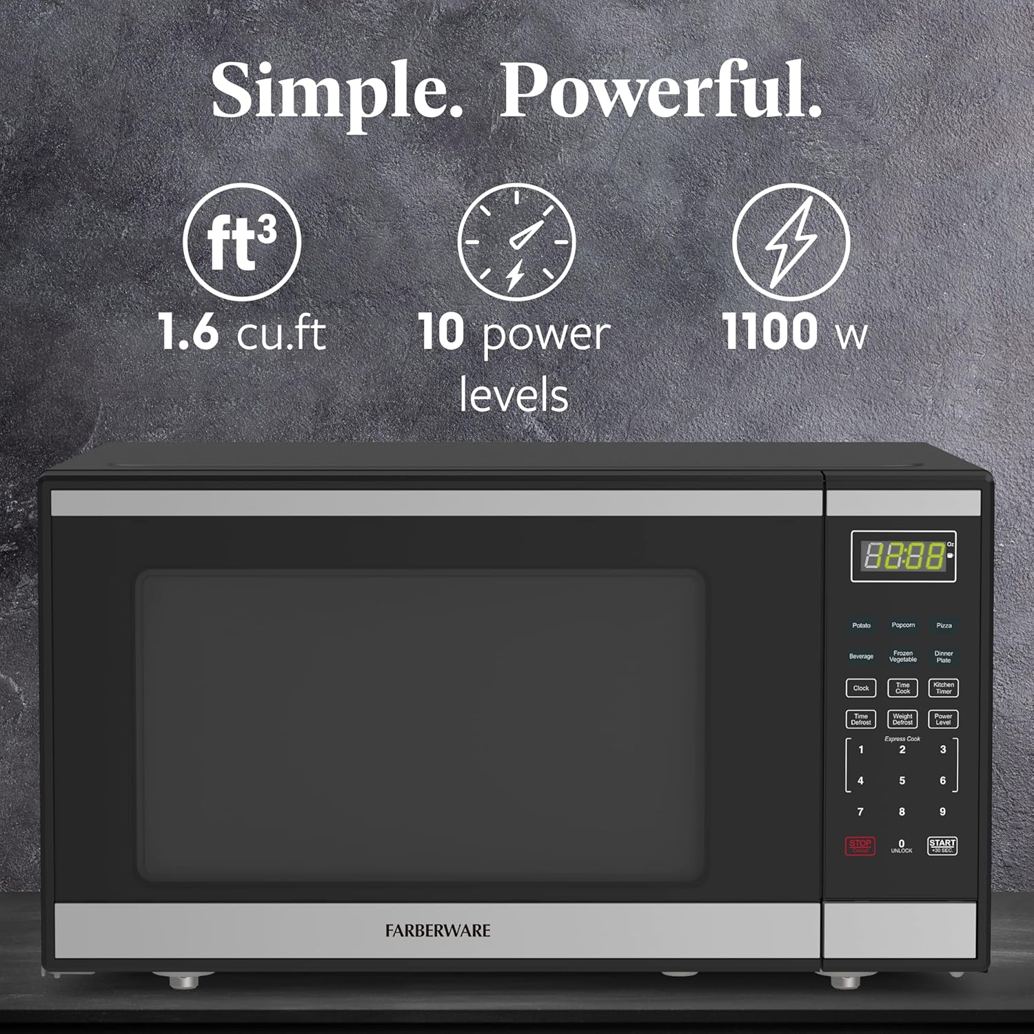 Farberware 1.6 Cu. Ft. Countertop Microwave Oven – 1100 Watts Power, Auto Cook Settings, Defrost, Easy Clean and Child Safety Lock - Stainless