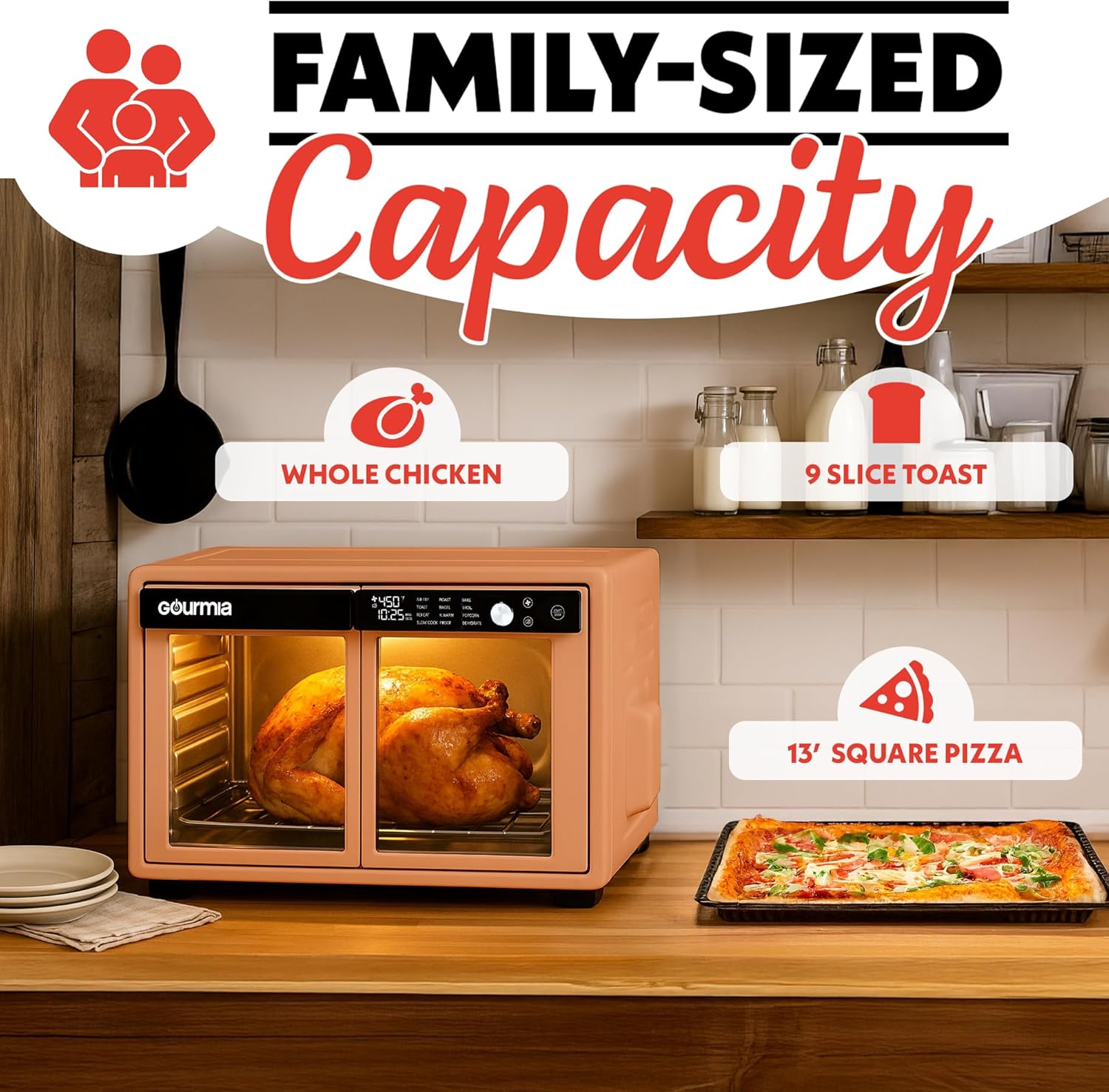 Gourmia French Door Air Fryer Oven - 37 Qt Large Capacity Convection Toaster Oven, FryForce 360°, Digital Display, 12 Cooking Presets, Dehydrate, Fits 13” Pizza, Dishwasher-Safe, Peach