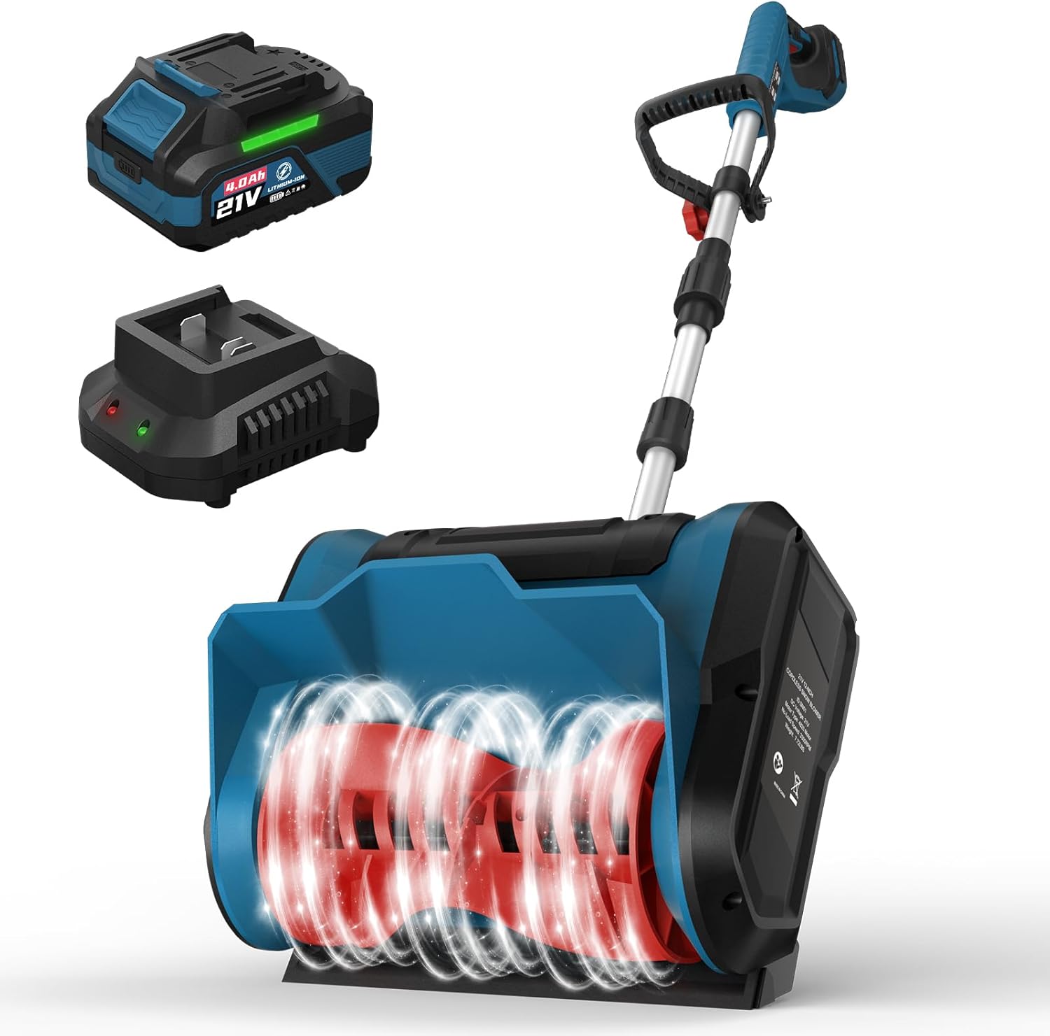 Cordless Electric Snow Shovel Rake, 21V 12-Inch Brushless Battery Snow Blower with 4.0Ah & Fast Charger, 20FT Throw Distance, Compact Design, Adjustable Front Handle, for Driveway/Sidewalk – Blue